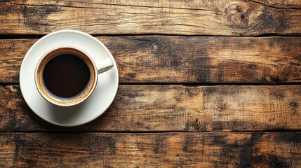 Overhead view of a cup of coffee on a rustic wooden table.