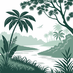 Serene tropical jungle landscape with a winding river and lush palm trees under a bright sky