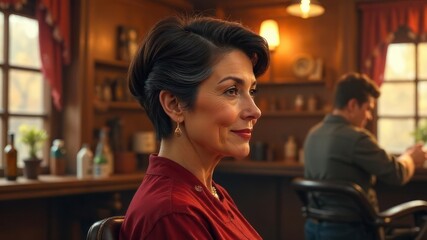 mature hispanic woman in cozy barbershop with wooden interior and warm lighting. serene setting with barbershop details. lifestyle, beauty, relaxation. print design, editorial, website.