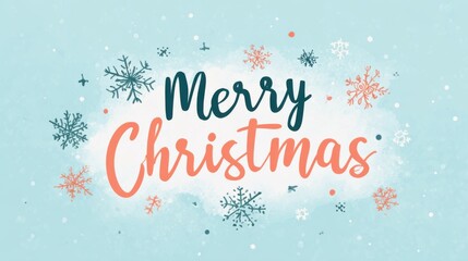 Minimal cartoon artwork of "Merry Christmas" with playful doodle snowflakes and a soft pastel wintry background
