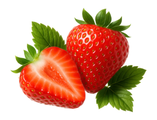 Two ripe strawberries and a halved strawberry with green leaves on a white background.