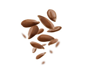 Flax seeds are levitated on a white background