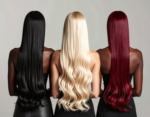 Hair Extension Inspiration 3 girls with long hairs of different colors on white background 