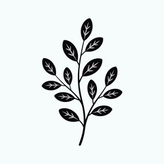 Black silhouette of a plant branch with leaves on white background Keywords: plant, branch, leaves