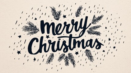Minimal cartoon illustration with "Merry Christmas" lettering, doodle pine branches, stars, and light falling snow