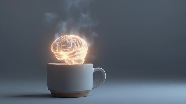 A glowing brain floats above a simple white mug, suggesting a mental boost from a hot drink