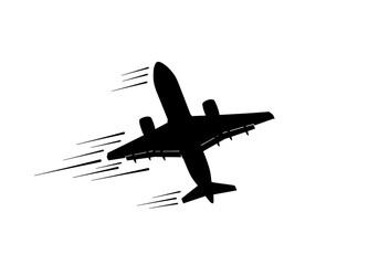 Dynamic black silhouette of a jet airplane soaring through the sky with speed lines indicating rapid movement and progress