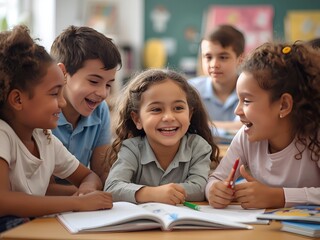 Happy students collaborating and learning together during a fun class activity session