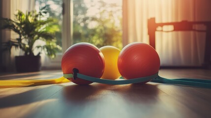 Colorful Exercise Balls with Resistance Band in Sunlit Room
