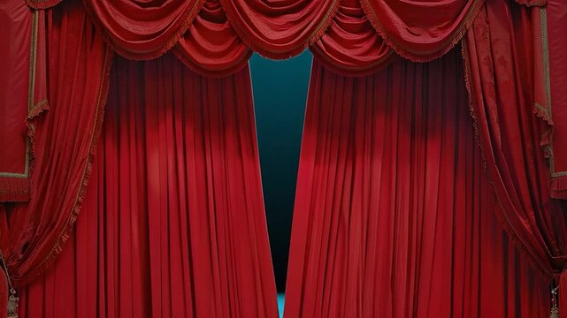 A bright red stage with a red curtain and gold trim, ready for performance