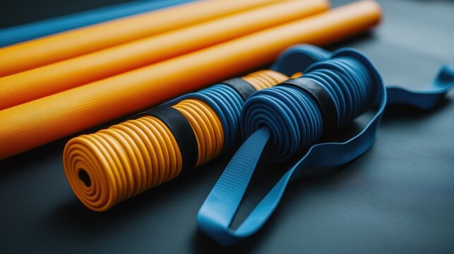 Colorful Exercise Rolls and Resistance Bands on Dark Background - Powered by Adobe