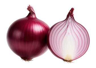 Whole red onion and a halved onion.