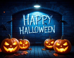 Spooky Night: Happy Halloween Jack-o'-Lanterns
Happy Halloween sign on the wall with pumpkins 