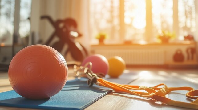 Colorful Fitness Equipment for Home Gym in Sunlit Room - Powered by Adobe