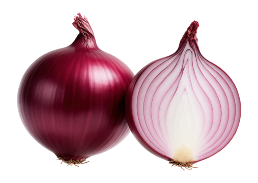 Whole red onion and a halved onion.
