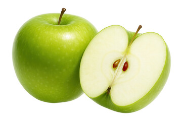 Whole green apple and half apple on a white background.