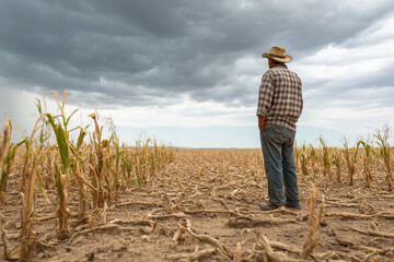 A farmer surveying dry crops with hope but uncertain survival due to an extended drought period.