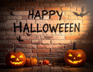 Spooky Night: Happy Halloween Jack-o'-Lanterns
Happy Halloween sign on the wall with pumpkins 