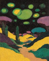 Obraz premium A stylized nocturnal landscape painting showcasing vibrant, luminous orbs against a dark backdrop, with textured hills and foliage.