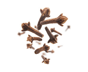 Clove seasoning levitates on a white background