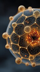 Golden nanotech molecule structure abstract background, scientific innovation concept with glowing gold particles, futuristic biotech, chemistry, and research design for science projects