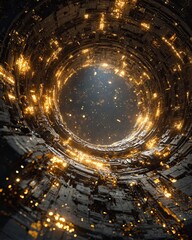 Sci-fi golden tunnel with futuristic glowing lights, digital background design, gold sci-fi tunnel concept for technology, innovation, and luxury abstract graphic use in modern projects
