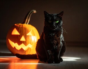 A Black Cat with Glowing Green Eyes Sits Beside a Jack-o'-Lantern