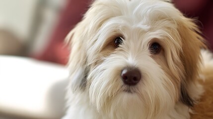 terrier. Close-up portrait of a Tibetan terrier with fluffy fur and soft natural lighting. wildlife magazines, conservation campaigns, designed for eco-tourism storytelling, celebrates biodiversity.