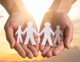 Holding a Paper Chain of People on the hands on white background 