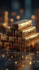 Gold bars wealth background, luxury gold bars with shining coins, finance investment and money concept, gold bars wealth texture for banking, business design, and financial success theme