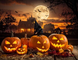 A Spooky Halloween Night with Pumpkins and a Haunted House