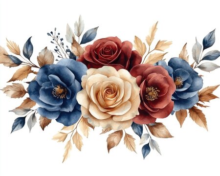 Elegant watercolor roses in blue, red and cream hues with brown leaves. Perfect for wedding invitation, or for thank you card designs.