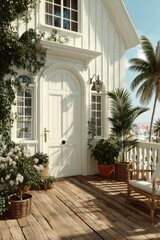 Charming wooden house exterior with tropical plants and cozy decor