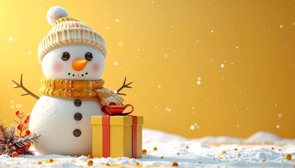 Cute 3D render of snowman sitting beside a festive gift box, pastel yellow background with copy space, ideal for holiday marketing, greeting cards, and Christmas decor projects.