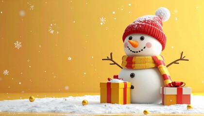 Cute 3D render of snowman sitting beside a festive gift box, pastel yellow background with copy space, ideal for holiday marketing, greeting cards, and Christmas decor projects.