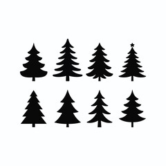 Collection of black Christmas tree silhouettes with varied shapes on white background Keywords