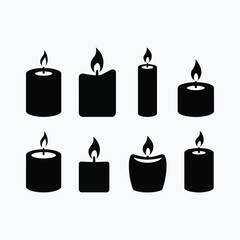 Collection of eight black silhouette candle icons with flames on white fire