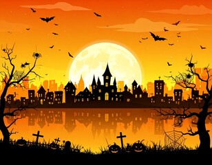 Spooky Halloween Cityscape with a Haunted House and a Full Moon and bzts
