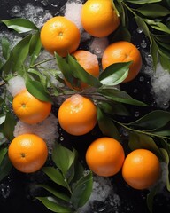 Bright orange tangerines with green foliage lie against a black background amidst snow. A creative vertical sales concept for a New Year's campaign