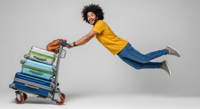 Man with afro jumping while pushing a luggage cart with suitcases and a brown bag in a studio