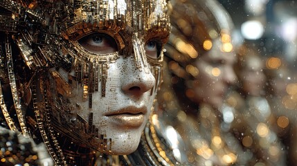 Golden futuristic humanoid face with digital metallic texture, abstract cyberpunk AI portrait for technology, artificial intelligence, sci-fi editorial, and modern conceptual innovation design