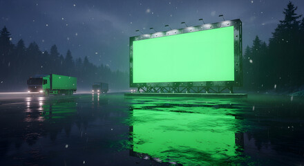 A large green screen billboard reflects on a wet road with trucks driving through falling snow at night.