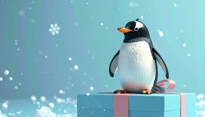 3D render of adorable penguin standing on large festive gift box, pastel blue background, perfect for holiday ads, Christmas cards, and seasonal cheerful illustration projects.