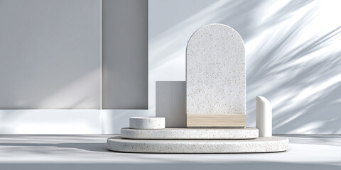 Cosmetic product on a white commercial background with white marble, creating a luxurious setting with white items