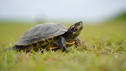 Obraz premium photograph of a Japanese pond turtle resting calmly on a natural stone surface surrounded by soft grass.
