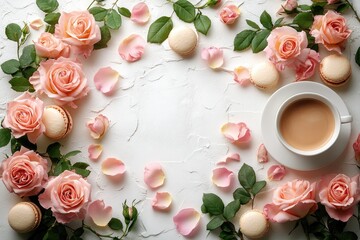 Flat lay of peach roses, macarons, & coffee on white textured backdrop. Perfect for blog headers, social media posts, or website banners.