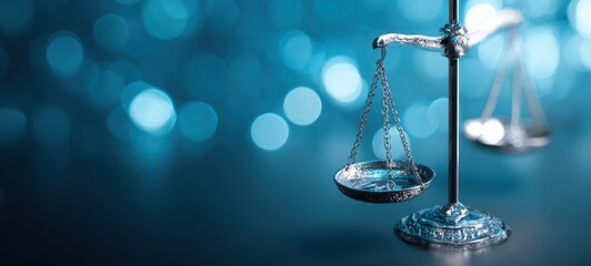 The elegant scales of justice illuminated by a serene blue bokeh background.