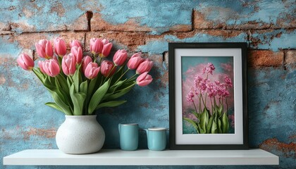 Pink tulips in a vase stand near a framed flower art, mugs on shelf. Use for spring decor ideas, home design, or flower shop promotions.