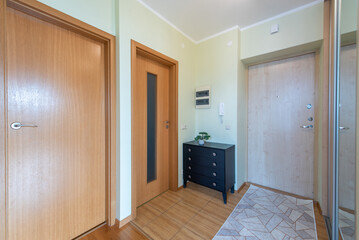 Modern Hallway with Wooden Doors and Black Dresser