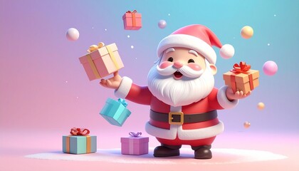 Cute 3D render of kawaii Santa Claus juggling small colorful gift boxes, pastel background with copy space, great for holiday campaigns, festive cards, and Christmas design.